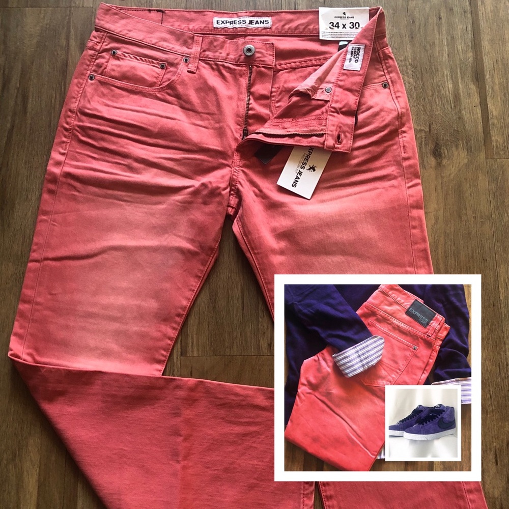 Express Red Distressed Slim Fit  Jeans